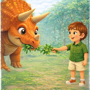 May include: A vibrant illustration depicts a friendly orange Triceratops dinosaur eating leaves offered by a young boy. The boy wears a green shirt, khaki shorts, and orange sneakers. The background shows a lush green field and trees.