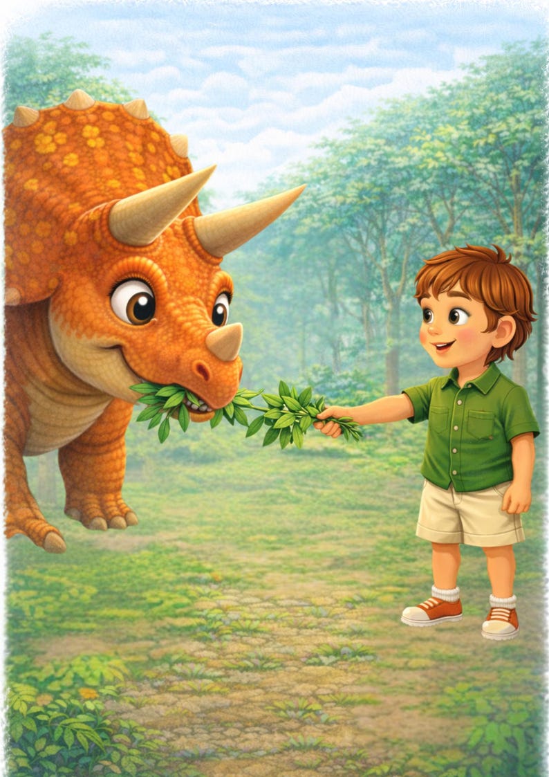 May include: A vibrant illustration depicts a friendly orange Triceratops dinosaur eating leaves offered by a young boy. The boy wears a green shirt, khaki shorts, and orange sneakers. The background shows a lush green field and trees.