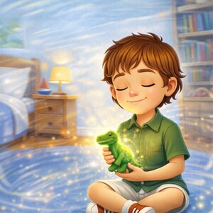 May include: An illustration of a child with closed eyes, holding a glowing green dinosaur toy. The child is wearing a green shirt and white shorts, sitting on a blue rug. A lamp and a bed are in the background.