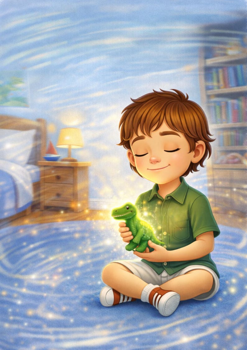 May include: An illustration of a child with closed eyes, holding a glowing green dinosaur toy. The child is wearing a green shirt and white shorts, sitting on a blue rug. A lamp and a bed are in the background.