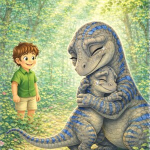 May include: An illustration of two dinosaurs embracing, with blue stripes on their bodies, set in a forest. A young boy in a green shirt and khaki shorts stands nearby, smiling. The dinosaurs appear to be shedding tears.