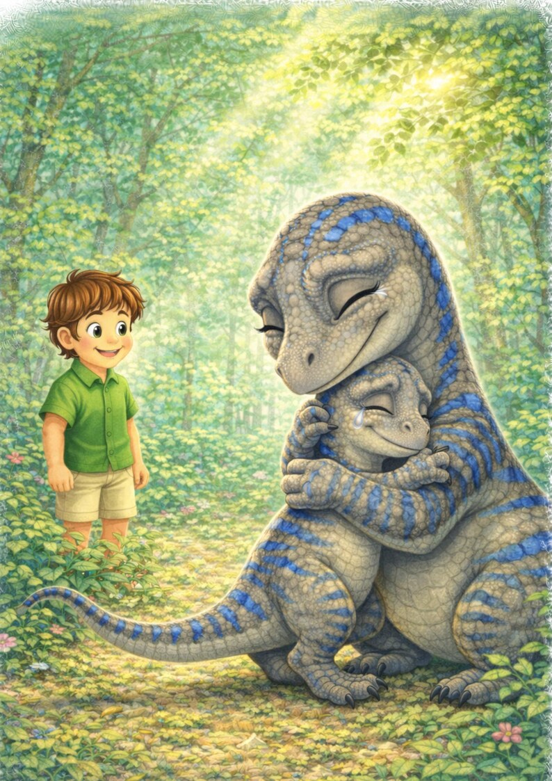 May include: An illustration of two dinosaurs embracing, with blue stripes on their bodies, set in a forest. A young boy in a green shirt and khaki shorts stands nearby, smiling. The dinosaurs appear to be shedding tears.