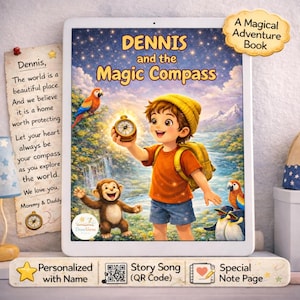 May include: A digital children's book titled "DENNIS and the Magic Compass" features a young boy holding a compass. The cover art includes a monkey, parrots, and penguins. The book is personalized with a name and includes a story song and special note page.