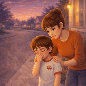May include: An illustration of a woman comforting a child on a sidewalk at dusk. The child is wearing a white t-shirt with a red and orange graphic and blue jeans. The woman wears an orange sweater and blue jeans.