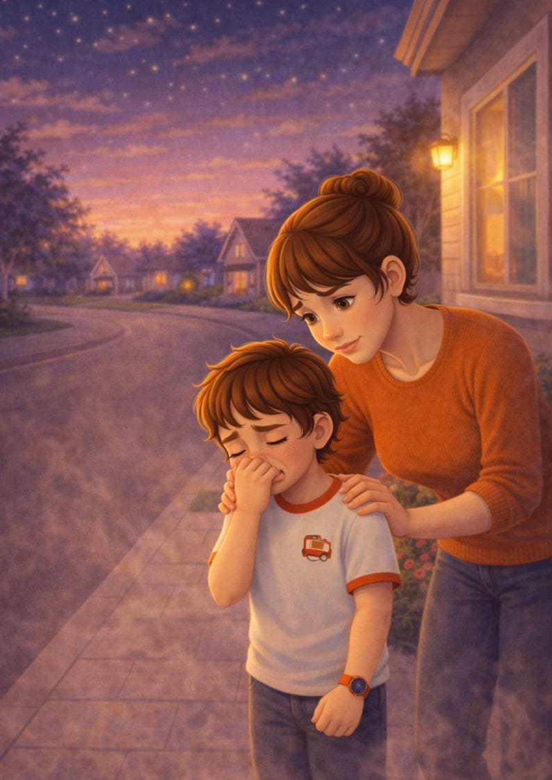 May include: An illustration of a woman comforting a child on a sidewalk at dusk. The child is wearing a white t-shirt with a red and orange graphic and blue jeans. The woman wears an orange sweater and blue jeans.