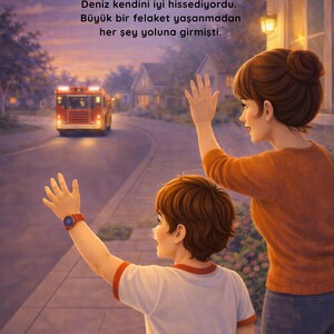 May include: An illustration depicts a mother and child waving goodbye to a fire truck driving down a street at dusk. The text in the image is in Turkish.