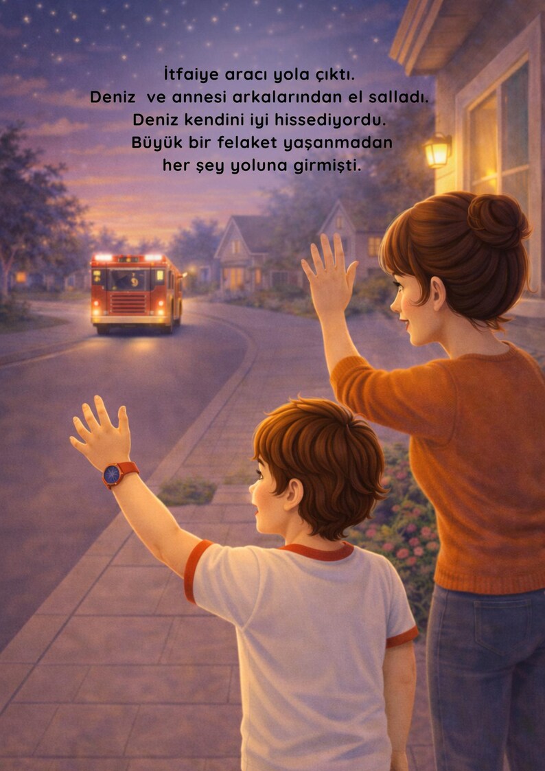 May include: An illustration depicts a mother and child waving goodbye to a fire truck driving down a street at dusk. The text in the image is in Turkish.
