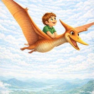 May include: A digital illustration of a young child riding a pterodactyl in a blue sky filled with clouds. The pterodactyl is orange and brown, with a smiling face. The child is wearing a green shirt and smiling.