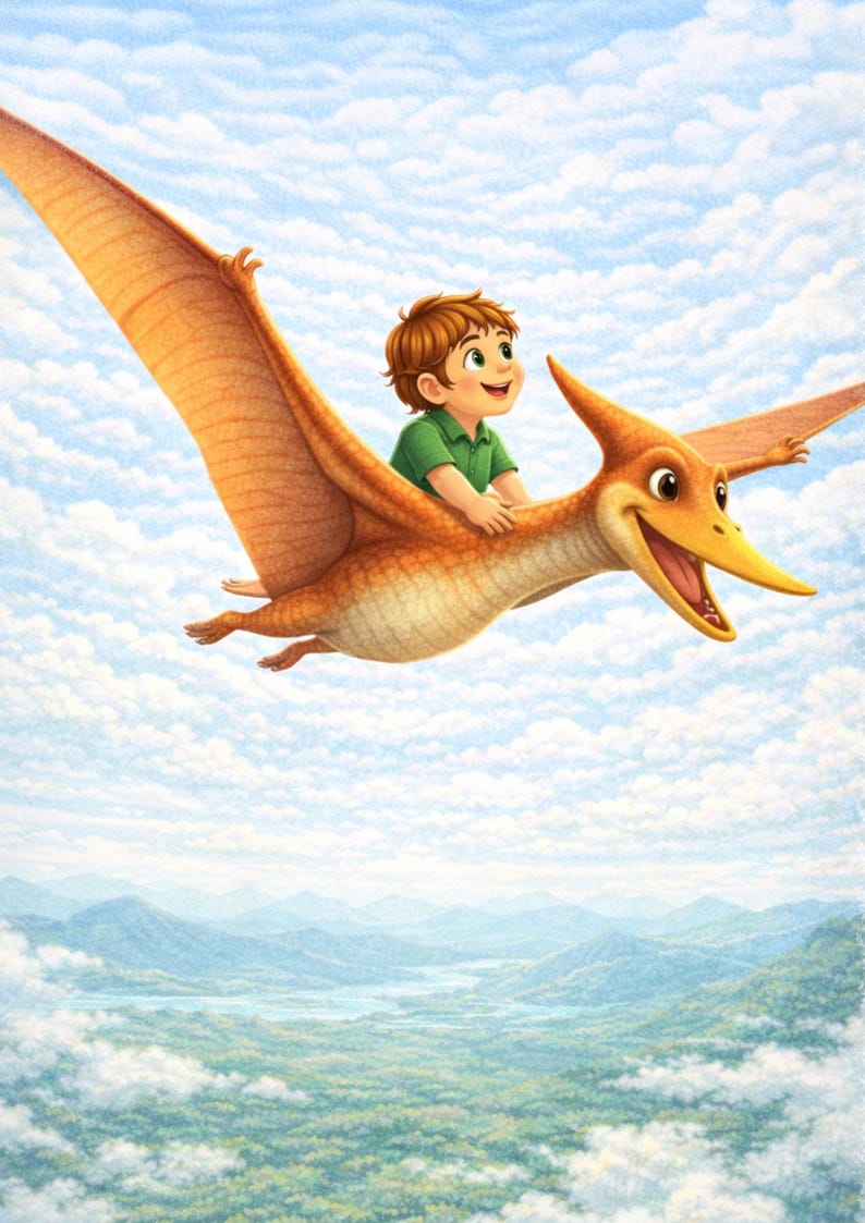May include: A digital illustration of a young child riding a pterodactyl in a blue sky filled with clouds. The pterodactyl is orange and brown, with a smiling face. The child is wearing a green shirt and smiling.