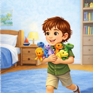 May include: Illustration of a smiling child holding six colorful dinosaur plush toys. The child is wearing a green shirt, khaki shorts, and sneakers. The background shows a bedroom with a bed, nightstand, and bookshelf.