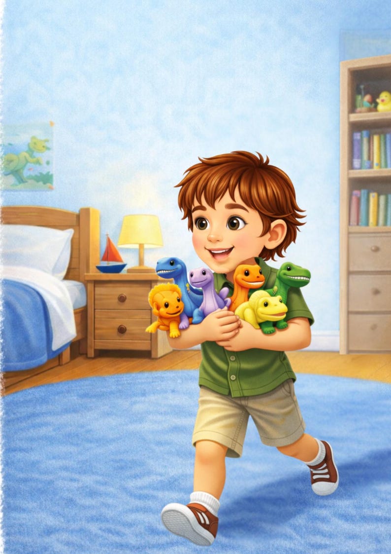 May include: Illustration of a smiling child holding six colorful dinosaur plush toys. The child is wearing a green shirt, khaki shorts, and sneakers. The background shows a bedroom with a bed, nightstand, and bookshelf.