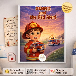 May include: A children's book titled "Dennis and the Red Alert" features a young boy in a firefighter uniform holding a toy fire truck. The cover art shows a fire truck and a sunset. Additional text includes "Firefighter Adventure Book".