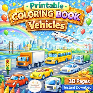Libro para colorear de vehículos para niños / Páginas para colorear de transporte imprimibles (descarga instantánea)
