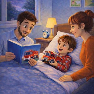 May include: A family bedtime scene with a father reading a book about a red fire truck to a child in bed, who is holding a toy fire truck. The mother is smiling. The room has a night sky view from the window.