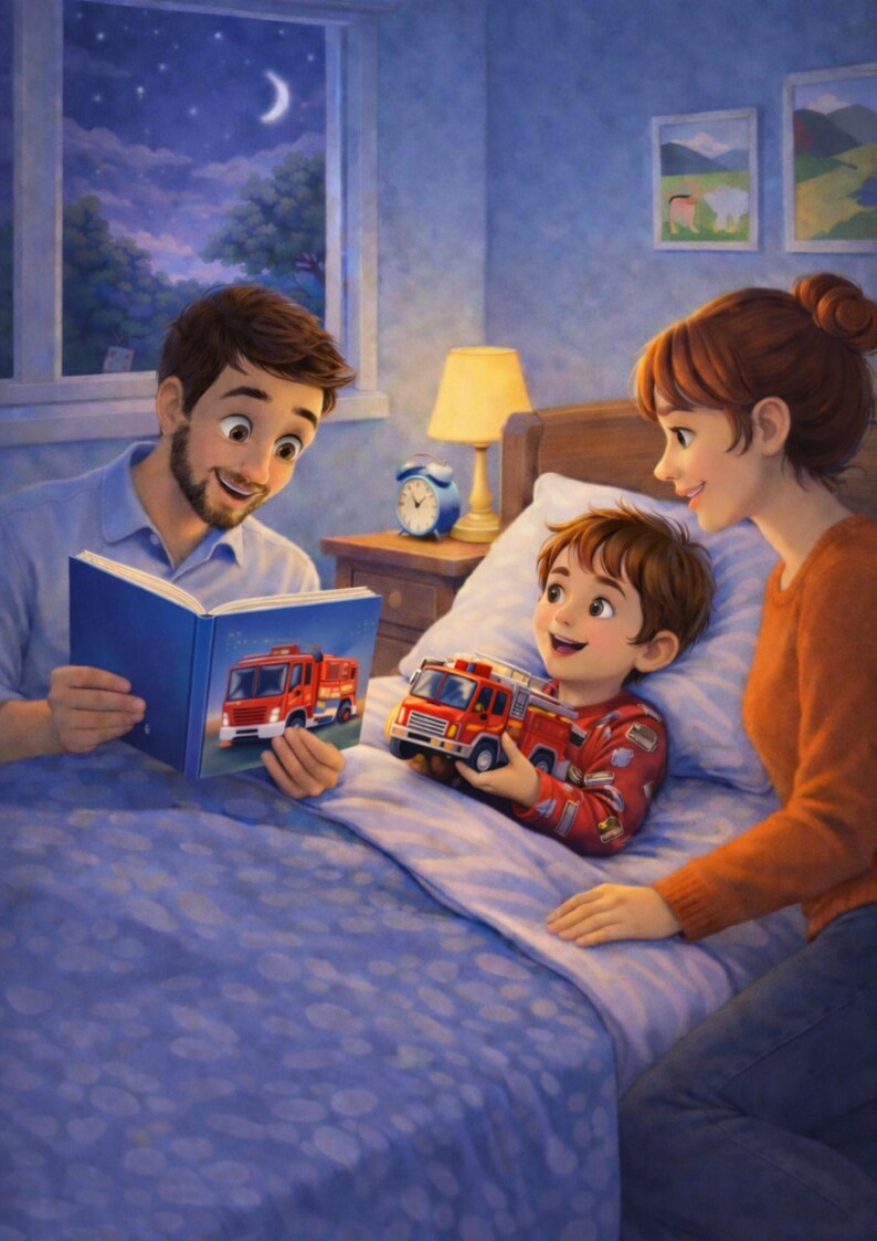 May include: A family bedtime scene with a father reading a book about a red fire truck to a child in bed, who is holding a toy fire truck. The mother is smiling. The room has a night sky view from the window.