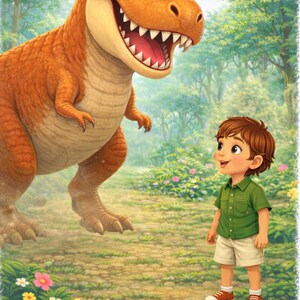 May include: A vibrant illustration depicts a friendly orange Tyrannosaurus Rex smiling at a young boy. The boy wears a green shirt, khaki shorts, and red-striped sneakers. The background features a lush green forest and colorful flowers.