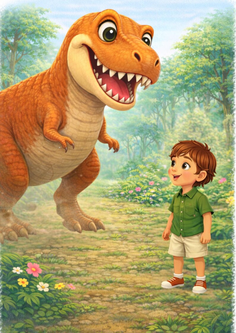 May include: A vibrant illustration depicts a friendly orange Tyrannosaurus Rex smiling at a young boy. The boy wears a green shirt, khaki shorts, and red-striped sneakers. The background features a lush green forest and colorful flowers.