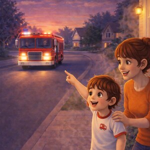 May include: An illustration depicts a red fire truck driving down a road at dusk. A child points excitedly at the truck, accompanied by an adult. The child wears a white shirt with a red fire truck graphic.