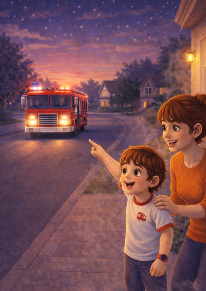 May include: An illustration depicts a red fire truck driving down a road at dusk. A child points excitedly at the truck, accompanied by an adult. The child wears a white shirt with a red fire truck graphic.
