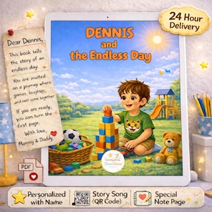 以下が含まれることがあります： タブレットに表示された「DENNIS and the Endless Day」というタイトルのデジタル子供向けの本。イラストには、ブロックで遊ぶ男の子、テディベア、遊び場が描かれています。「名前でパーソナライズ」と「ストーリーソング（QRコード）」というテキストが含まれています。