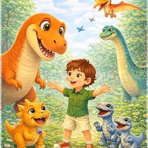 May include: A colorful illustration of a young boy with open arms, surrounded by friendly dinosaurs. The dinosaurs are orange, yellow, and blue, with a pterodactyl flying overhead. The scene is set in a lush, green forest under a blue sky.