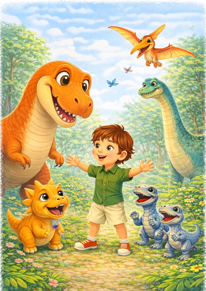 May include: A colorful illustration of a young boy with open arms, surrounded by friendly dinosaurs. The dinosaurs are orange, yellow, and blue, with a pterodactyl flying overhead. The scene is set in a lush, green forest under a blue sky.