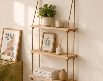 Hanging Rope Shelf for Wall Decor, Wooden Floating Storage Shelf, Boho Wall Organiser, Rustic Home Display Rack, Storage Rack for Home