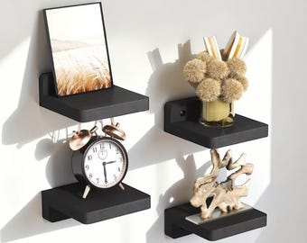 Set mit 4 schwarzen Holzwandregalen für Wohnkultur, Wandregal-Aufbewahrungszubehör für Innendekor, Holzregalanzeige