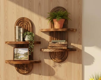 Textured Wooden Wall Shelf, Arch Shape Wood Floating Shelf For Home Decor, Minimalist Display Shelf Unit, Modern Wall Storage