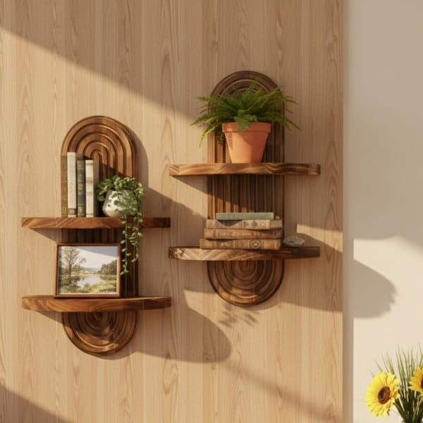 Texturerad trävägghylla, bågformad flytande trähylla för heminredning, minimalistisk displayhylla, modern väggförvaring