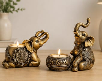 Gold Elephant Tea Light Candle Holders, Antique Gold Sitting and Lying Elephant Candle Holder Set, Home Decor Gift, Boho Living Room Decor