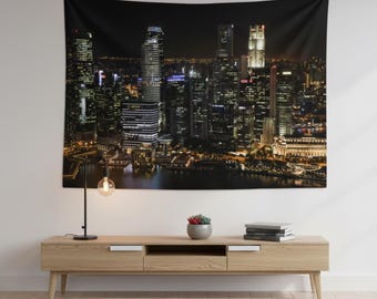 Wandtapijt nachtelijk uitzicht op de stad, stedelijke skyline muur hangend, polyester stadsmuurkunst voor kamerdecoratie, nachtachtergrond voor slaapkamer, alle maten