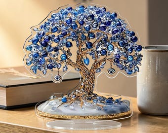 2D Acrylic Blue Eye Tree Ornament For Shelf Or Table Decor, Evil Eye Tree Home Decor Display, Arcylic 2D Ornament For Indoor Decoration