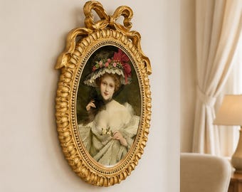 Gouden ovale vintage fotolijst, harslijst met strikdetail, glazen voorkant voor wanddecoratie of tafeldecoratie, wooncadeau voor haar