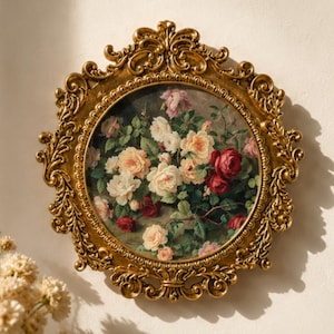May include: A circular wall art piece featuring a bouquet of roses in shades of red, pink, cream, and white, encased in an ornate, metallic gold frame with intricate scrollwork and decorative flourishes along the outer edge of the border.