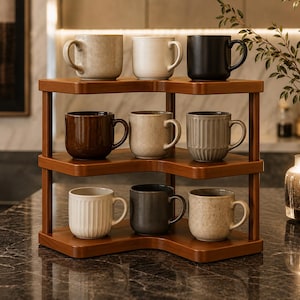 Op de afbeelding: Een houten hoekplank met drie niveaus met negen keramische mokken in verschillende kleuren en texturen, waaronder matzwart, wit, bruin en gespikkeld grijs. De mokken hebben gladde, geribbelde en gespikkelde afwerkingen en staan netjes opgesteld.