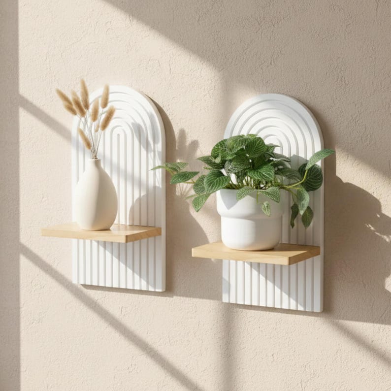 Estante de pared de madera, estantes flotantes arqueados para decoración del hogar, estante de exhibición de madera natural, almacenamiento de pared moderno, estantes White Wood