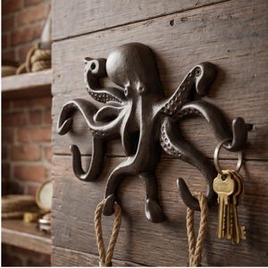 Op de afbeelding: Een donkerbruine, octopusvormige wandhaak gemaakt van gegoten metaal. De octopus heeft acht gebogen tentakels die dienen als haken voor het ophangen van voorwerpen. Een set metalen sleutels hangt aan één tentakel en twee beige touwlussen hangen aan andere tentakels.