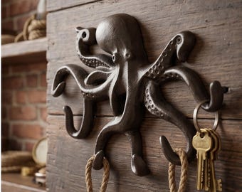 Octopus Iron Hook Shelf, Door Hanging Decorative Wall Hook, Unique Home Decor, Coastal Bathroom Storage, Entryway Hook, Fun Kitchen Shelf