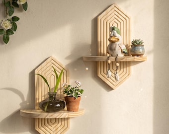Getextureerde houten wandplank, boogvorm houten zwevende plank voor woondecoratie, minimalistische displayplank, moderne muuropslag