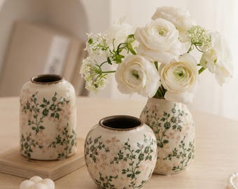 Vintage Chinoiserie Ceramic Vase Set, Floral White and Green Home Decor, Set of Three Decorative Vases, Botanical Living Room Decor Gift