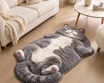 Cat Shaped Plush Area Rug, Cartoon Cat Floor Mat for Kids Room, Soft Fluffy Cat Rug, Children's Bedroom Decor, Animal Shaped Floor Mat Gift