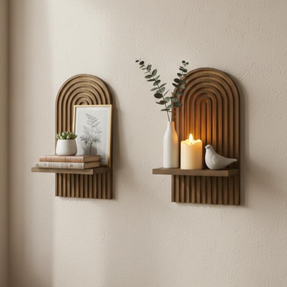 Wooden Wall Shelf, Arched Indoor Floating Shelves For Home Decor, Natural Wood Display Shelf, Modern Wall Storage, Shelves