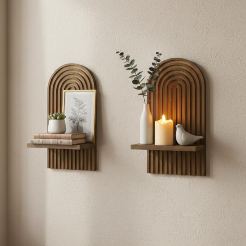 Puede incluir: Dos estanter&iacute;as de pared de madera con dise&ntilde;o arqueado. Una estanter&iacute;a contiene una peque&ntilde;a suculenta, libros y una foto enmarcada. La otra muestra un jarr&oacute;n blanco con vegetaci&oacute;n, una vela encendida y un p&aacute;jaro de cer&aacute;mica. Las estanter&iacute;as est&aacute;n montadas en la pared.