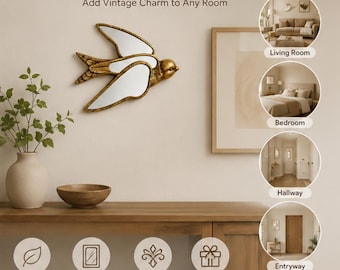 Swallow Mirror Wall Decor, Gold Bird Mirror Home Accent, Decorative Plastic Mirror, Living Room Wall Art, Bedroom Decor, Boho Home Gift