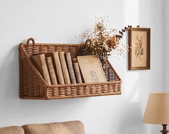 Basket Hanging On The Wall, Wall Shelf For Book Lovers, Wicker Book Basket, Rustic Wall Storage, Boho Home Decor Shelf
