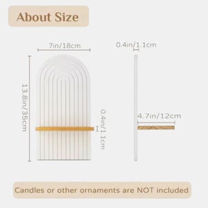 Puede incluir: Estanter&iacute;a de pared blanca arqueada con una balda de madera natural. La estanter&iacute;a mide 35 cm de alto, 18 cm de ancho y 12 cm de profundidad. Tambi&eacute;n se ve el texto "About Size" y "Candles or other ornaments are NOT included".