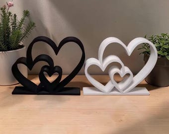 Interlocking Heart Statue, Black and White Love Ornament, Heart Sculpture for Home Decor, Romantic Heart Figurine, Shelf Decor, Gift for Her