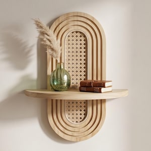 May include: A wall-mounted arched wooden shelf featuring a light wood finish and a central panel of woven cane webbing. The shelf holds a green glass vase containing a dried pampas grass plume and two small brown leather-bound books.