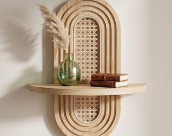 Wooden Wall Hanging Shelf for Home Decor, Boho Wall Shelf for Home Decor, Rattan Style Floating Shelf Gift for Women, Gift for Home